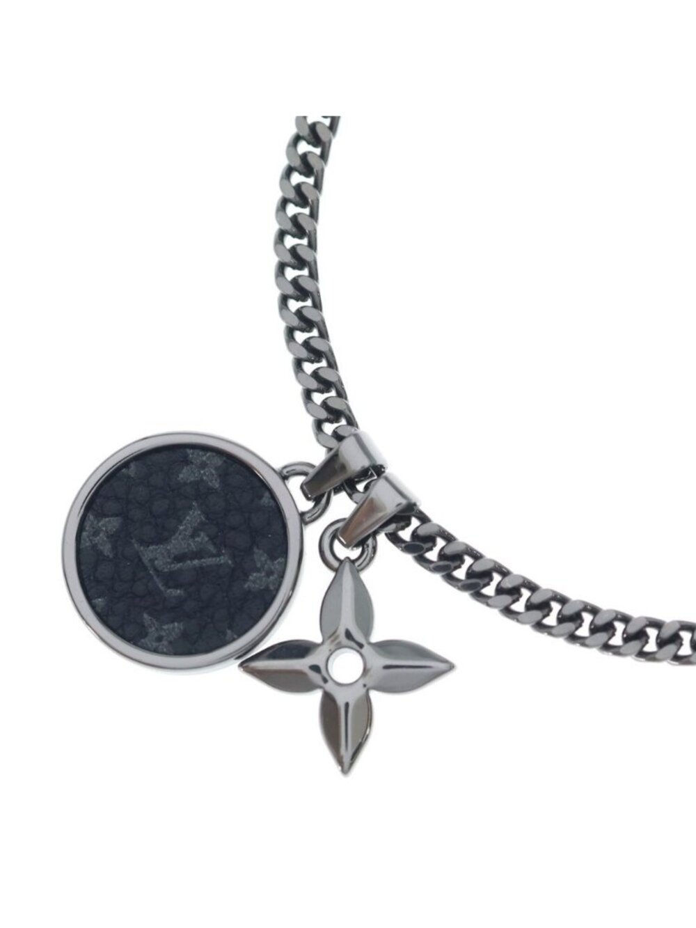 Louis Vuitton Monogram Medal Necklace Eclipse Pendant Black Silver